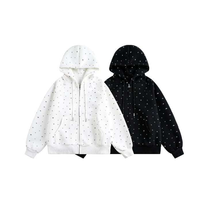 Unisex Oversize-Kapuzenjacke mit Sternchen-Print und durchgehendem Reißverschluss Echoarchiv