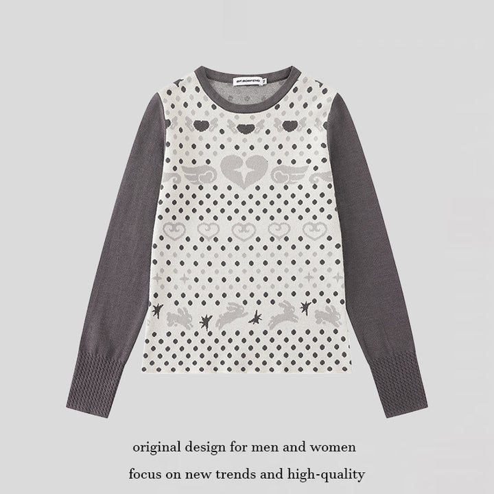 Damen Feinstrick-Pullover mit Jacquard-Motiv, Rundhalsausschnitt und Kontrastärmeln Echoarchiv