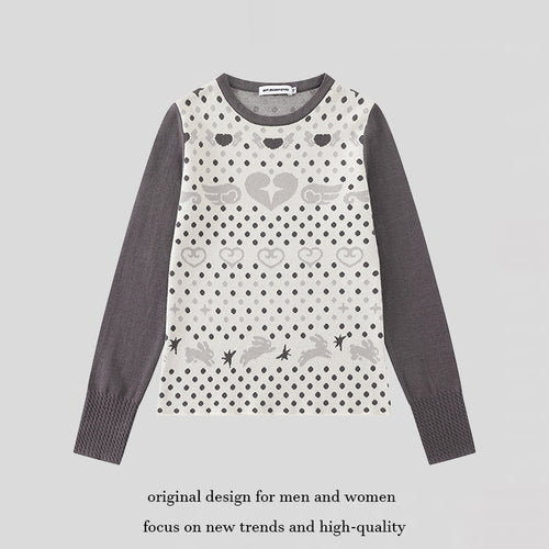 Damen Feinstrick-Pullover mit Jacquard-Motiv, Rundhalsausschnitt und Kontrastärmeln Echoarchiv