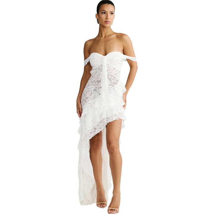 Damen asymmetrisches Spitzenkleid mit Rüschendetails Echo Archiv