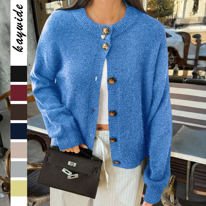 Damen kuscheliger Oversize-Strickcardigan mit Hornknopf-Leiste und Rundhalsausschnitt – Veloura