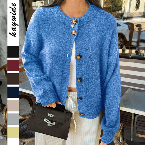 Damen kuscheliger Oversize-Strickcardigan mit Hornknopf-Leiste und Rundhalsausschnitt – Veloura