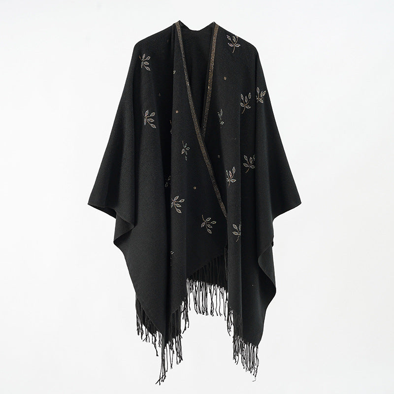 Damen bestickter Fransenponcho im Cape‑Stil aus Wollmix Echo Archiv