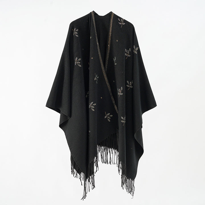 Damen bestickter Fransenponcho im Cape‑Stil aus Wollmix Echo Archiv