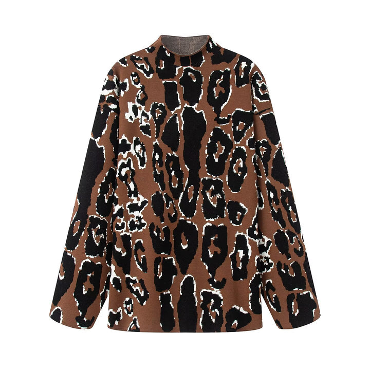 Damen Oversize Strickpullover mit Stehkragen und Jacquard-Leopardenmuster Echo Archiv
