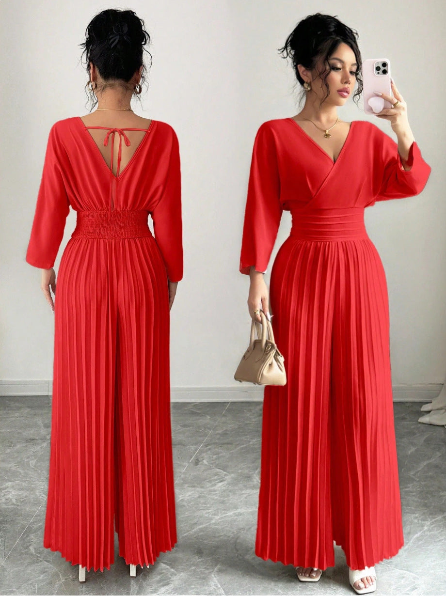 Damen Eleganter Plissee-Jumpsuit mit V-Ausschnitt Echo Archiv