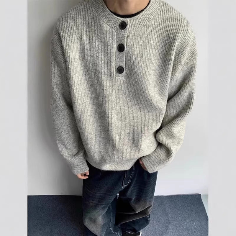 Herren Oversized Strickpullover mit Dreiknopf-Henleypasse Echoarchiv