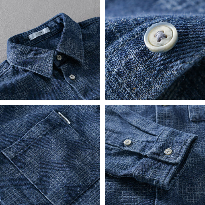 Herren Indigo-Struktur-Overshirt aus gewaschenem Denim mit Zickzack-Jacquard, Kentkragen und Brusttasche Echoarchiv