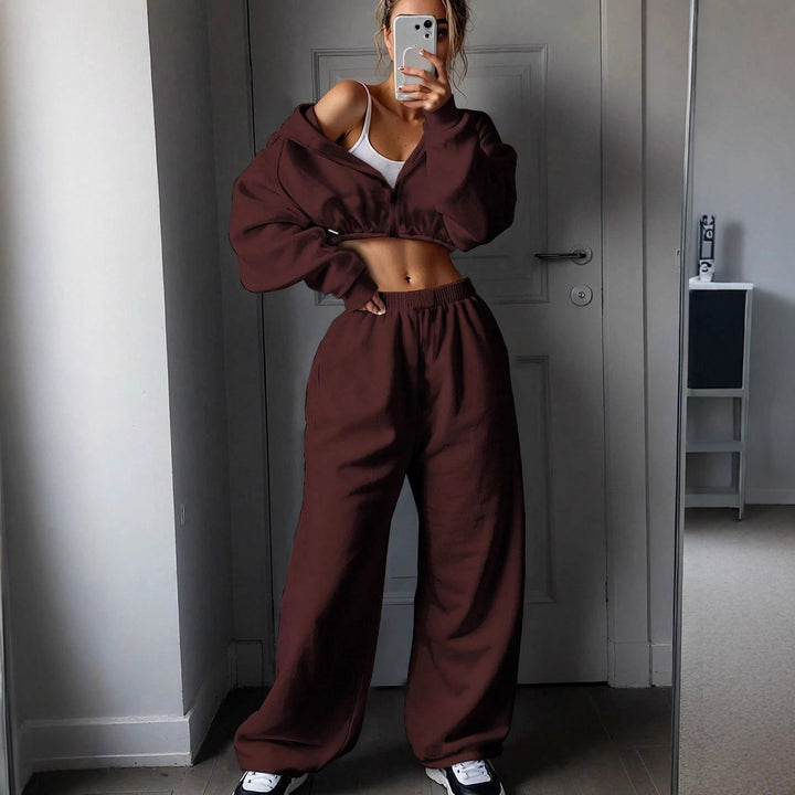 Damen nan kurzes Zip-Hoodie Cropped Sweatshirt mit Kordelzug, angesetzten Ballonärmeln und elastischem Saum Echo Archiv