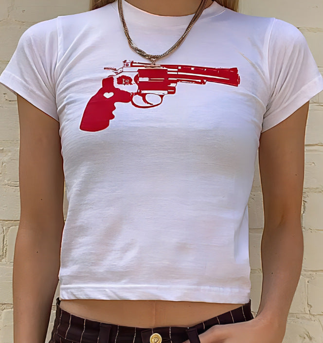 Damen Crop-T-Shirt mit kreativem Motiv und figurbetontem Schnitt Echo Archiv