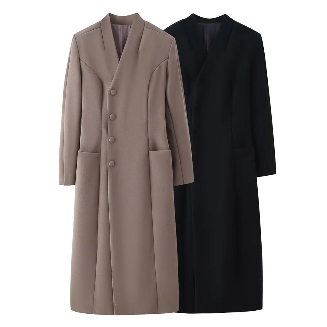 Damen minimalistischer langer Mantel mit schmalem Schalkragen und aufgesetzten Taschen – Montévia