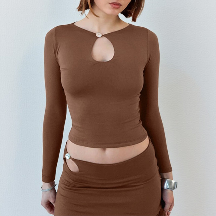 Damen Zweiteiliges figurbetontes Stretch-Set mit Langarm-Crop-Top und Hüft-Cut-out Rock – Avérine