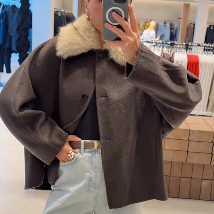 Damen Boxy-Cropped Wollmix-Jacke mit weichem Kunstpelz‑Schalkragen Echoarchiv