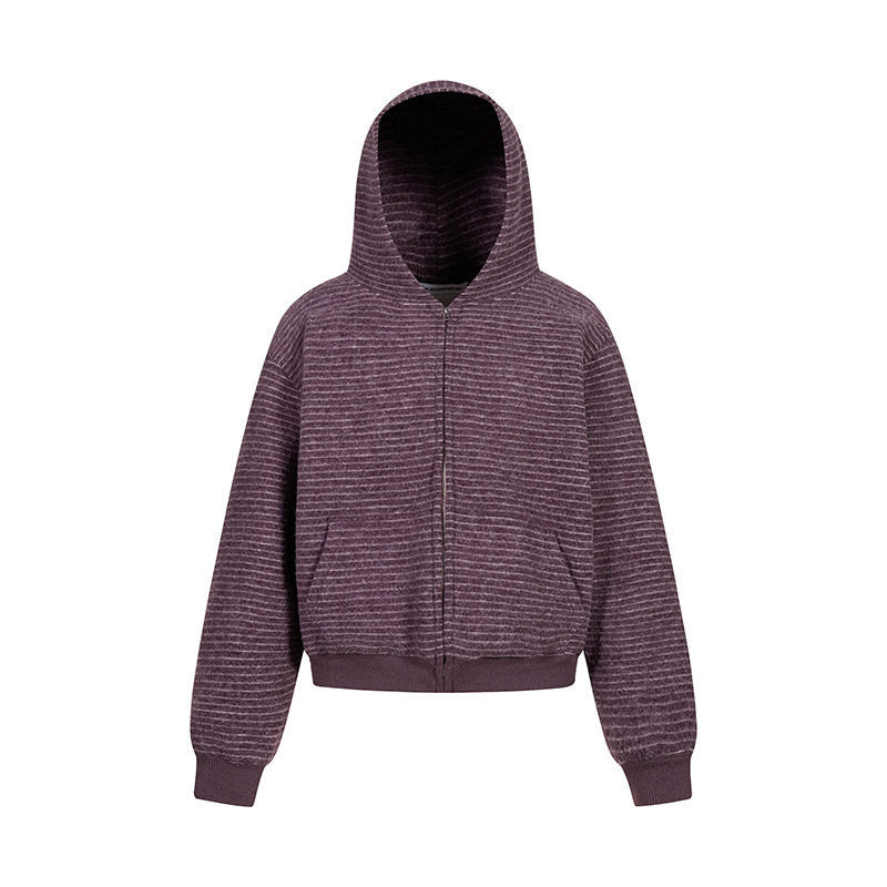 Damen Kurz geschnittene Kapuzen‑Zipjacke mit horizontalem Streifenrelief und elastischem Bund Echoarchiv