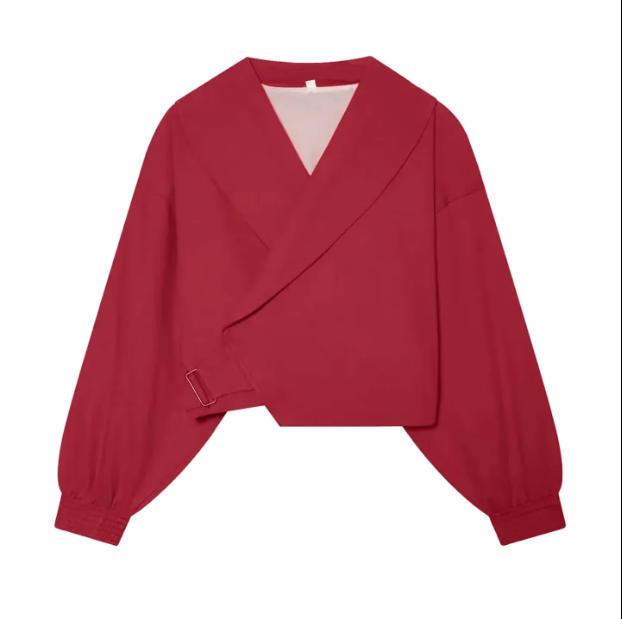 Damen 40+ Cropped Wickelblouson mit übergroßen Ballonärmeln und asymmetrischem Schnallenverschluss Echo Archiv