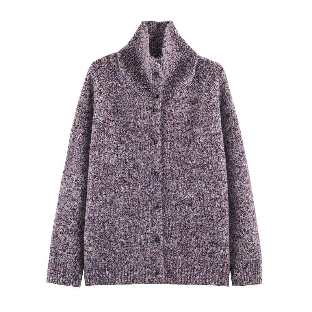Damen Grobgestrickter Cardigan mit hohem Rollkragen und durchgehender Knopfleiste Echoarchiv