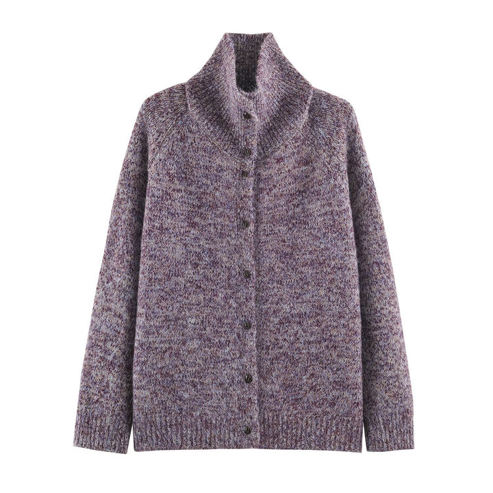 Damen Grobgestrickter Cardigan mit hohem Rollkragen und durchgehender Knopfleiste Echoarchiv