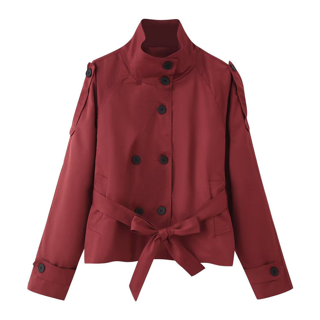 Damen 400+ kurzer taillierter Trenchblouson mit Stehkragen, doppelreihiger Knopfleiste und Bindegürtel Echo Archiv