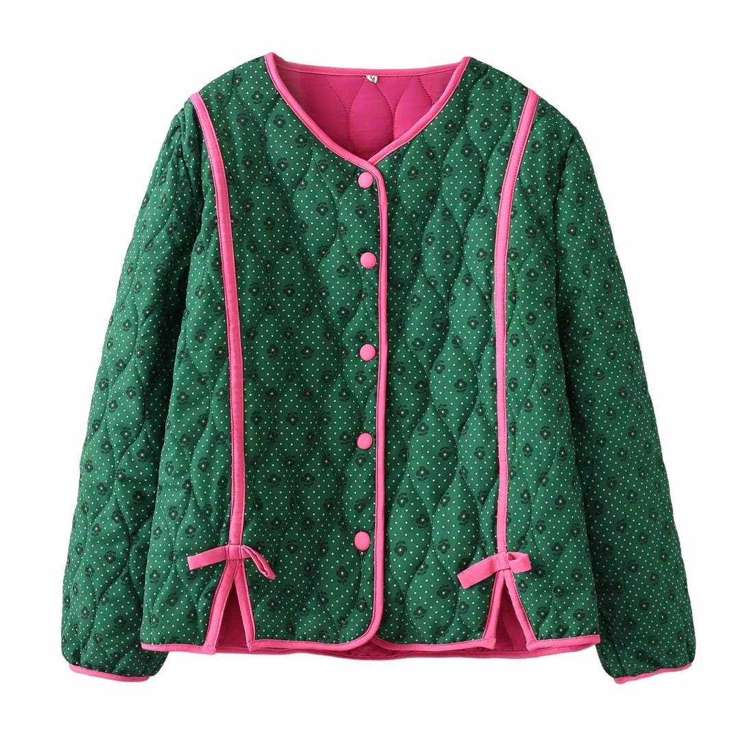 Damen gesteppte Kurzjacke mit V‑Ausschnitt, Kontrastpaspel und Schleifen-Detail – Célinea