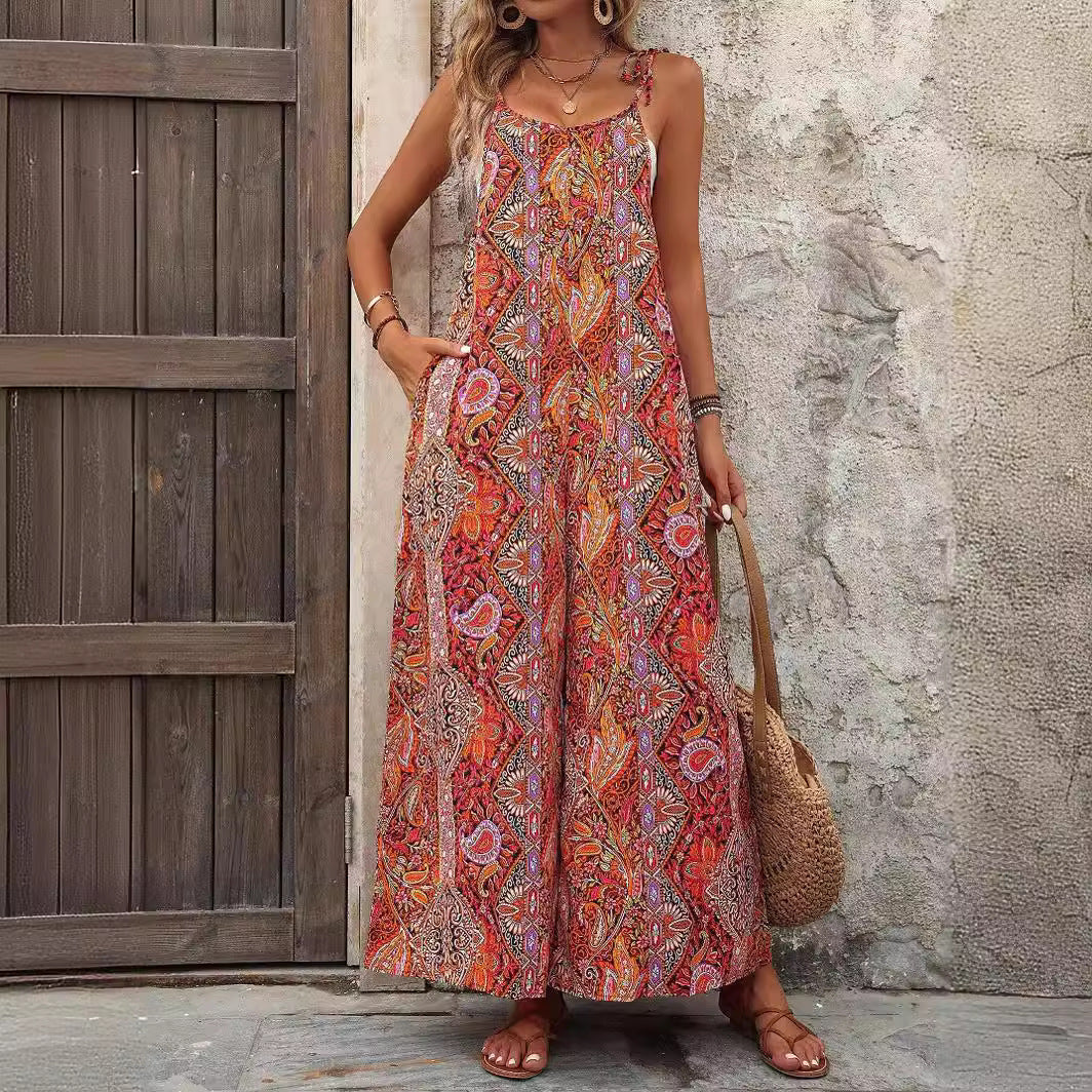 Damen Weiter Palazzo-Overall mit verstellbaren Trägern, Seitentaschen und Boho-Print Echo Archiv