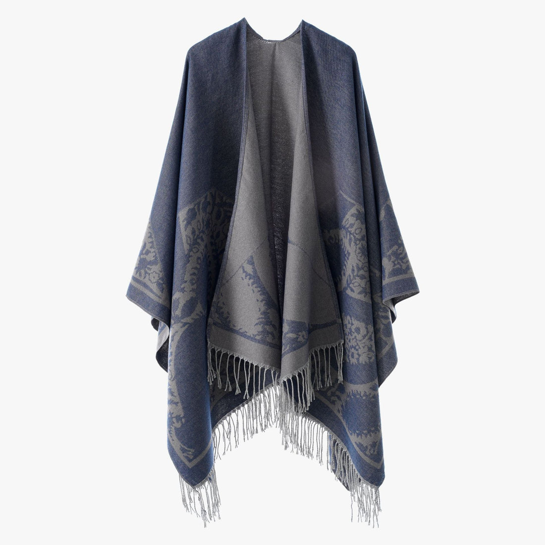 Damen Wendbarer Feinstrick-Poncho mit Jacquardmuster und Fransensaum – Veloura