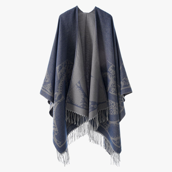 Damen Wendbarer Feinstrick-Poncho mit Jacquardmuster und Fransensaum Echo Archiv