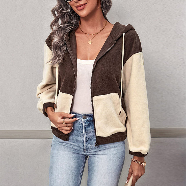 Damen Colorblock-Fleecejacke mit Kapuze, Reißverschluss und Kängurutaschen Echoarchiv