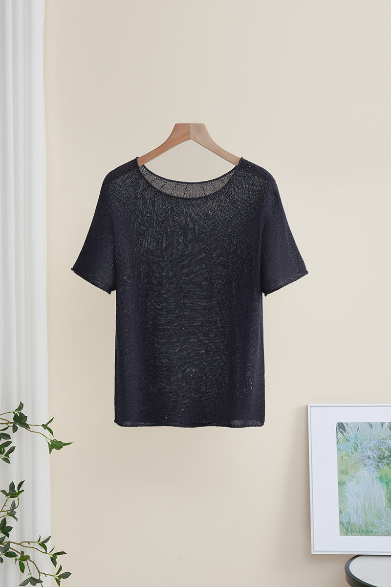Damen Weiches Feinstrick-T-Shirt mit halbarm, weiter U-Boot-Ausschnitt und feiner Struktur Echo Archiv