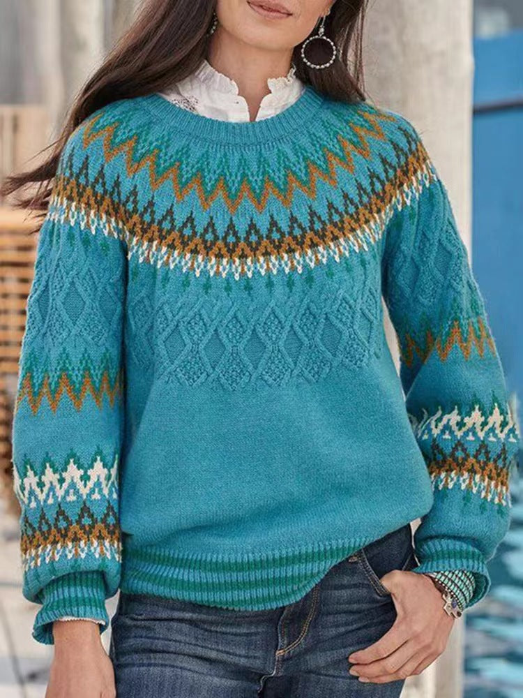 Damen nan Norwegerpullover aus Wollmix mit Rundhalsausschnitt und traditionellem Fair-Isle-Yoke Echo Archiv