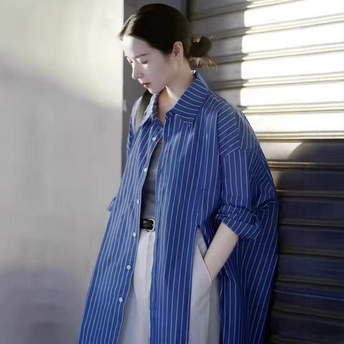 Damen Longline-Hemd mit Nadelstreifen, Oversize-Silhouette und verlängertem Saum – Maréline