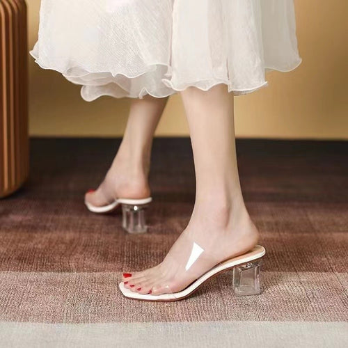 Damen Minimalistische Doppelriemen Mules mit transparentem Obermaterial und geometrischem Blockabsatz – Avérine