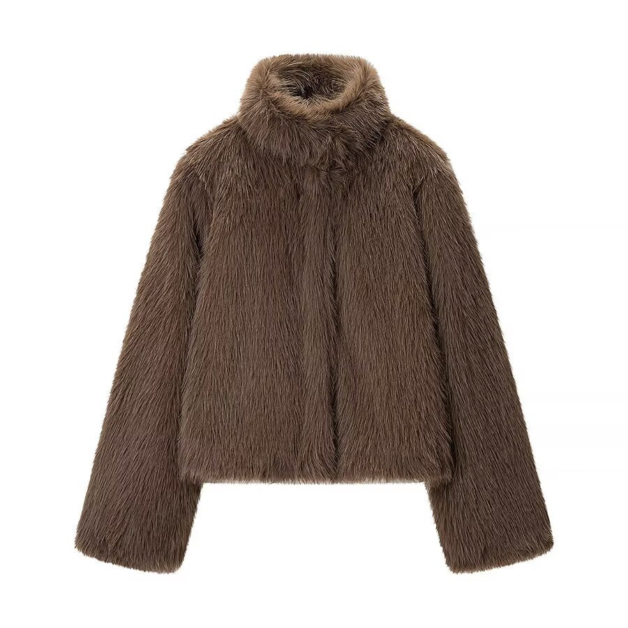 Damen Kurze Kunstfelljacke mit hohem Stehkragen und Oversized‑Silhouette Echo Archiv