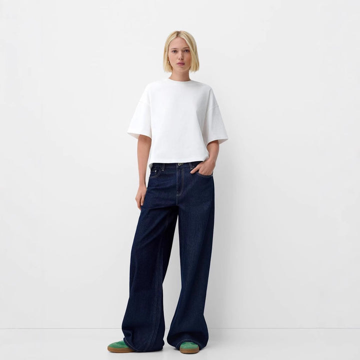 Damen nan ultraweite bodenlange Denim-Palazzohose mit cleanem Taschen-Schnitt und leichter Stretchwirkung Echo Archiv