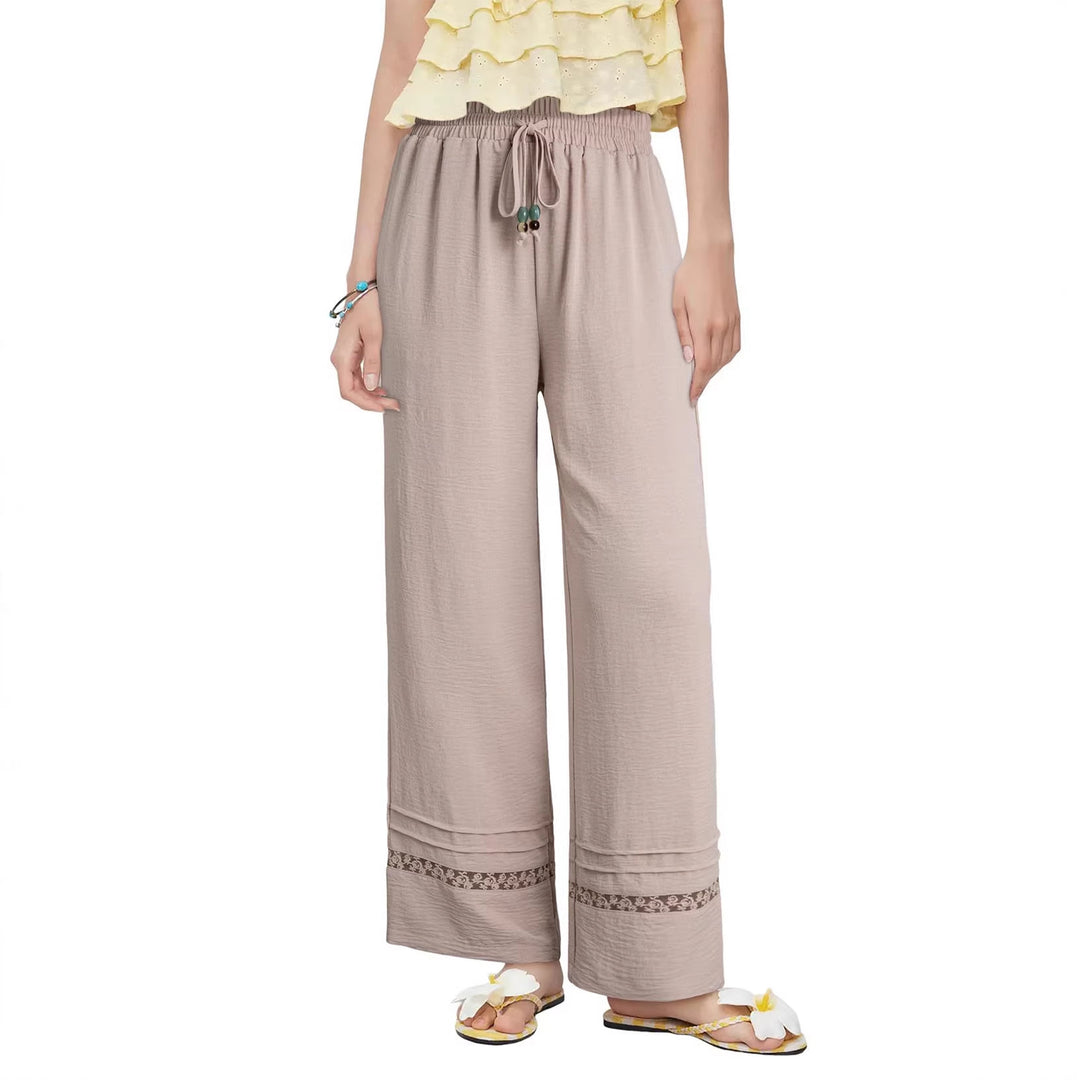 Damen Weite Leinenoptik-Hose mit hohem Gummibund, Bindekordel und Spitzeneinsatz Echo Archiv