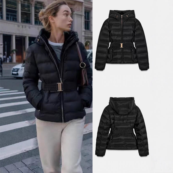 Damen Glänzende Daunenoptik-Steppjacke mit Kapuze und tailliertem Zugbandgürtel Echo Archiv
