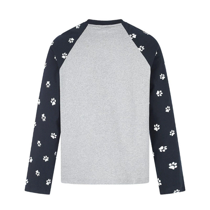 Damen Casual-Langarmshirt im Raglanstil mit Hunde-Pfotenmuster und Statement-Frontprint Echoarchiv