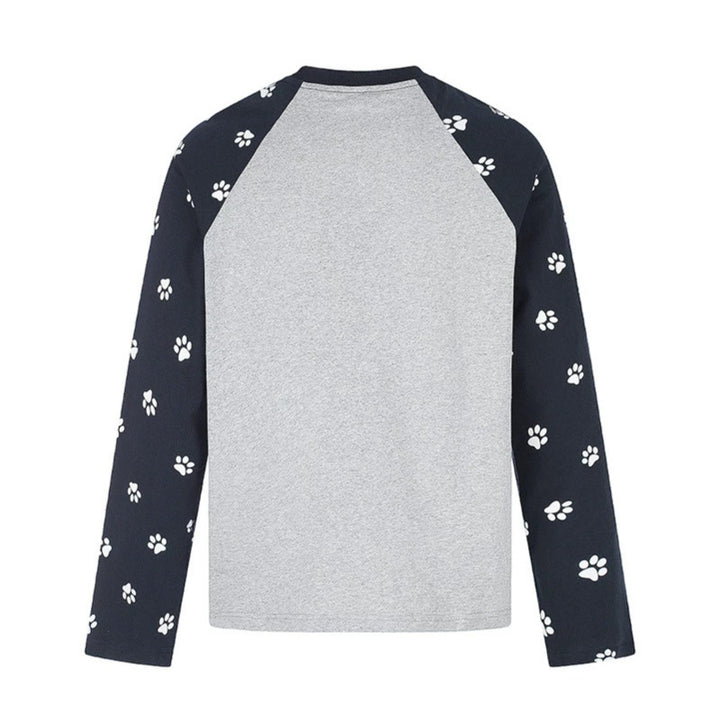 Damen Casual-Langarmshirt im Raglanstil mit Hunde-Pfotenmuster und Statement-Frontprint Echoarchiv