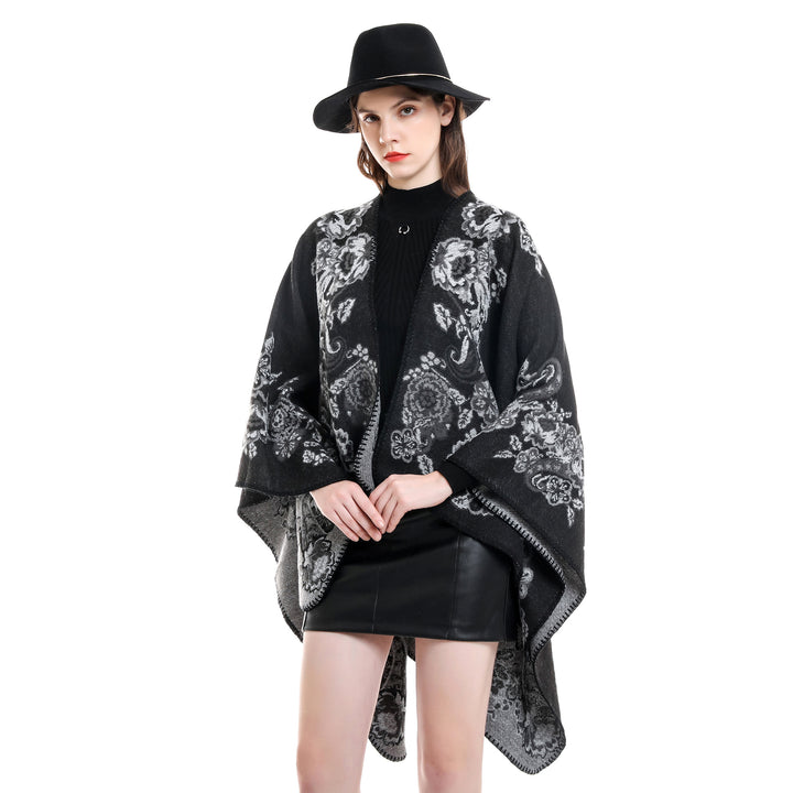 Damen Reversibler Strick-Umhang mit floraler Jacquard‑Webung und Zierkettelnaht – Veloura