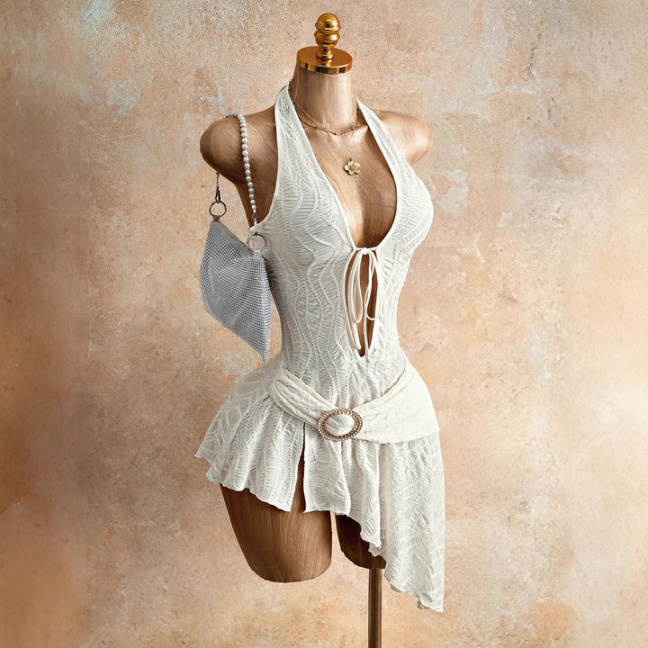 Damen nan figurbetontes Neckholder-Minikleid mit Schnürung, Cut-Out und asymmetrischem Wickelrock Echo Archiv