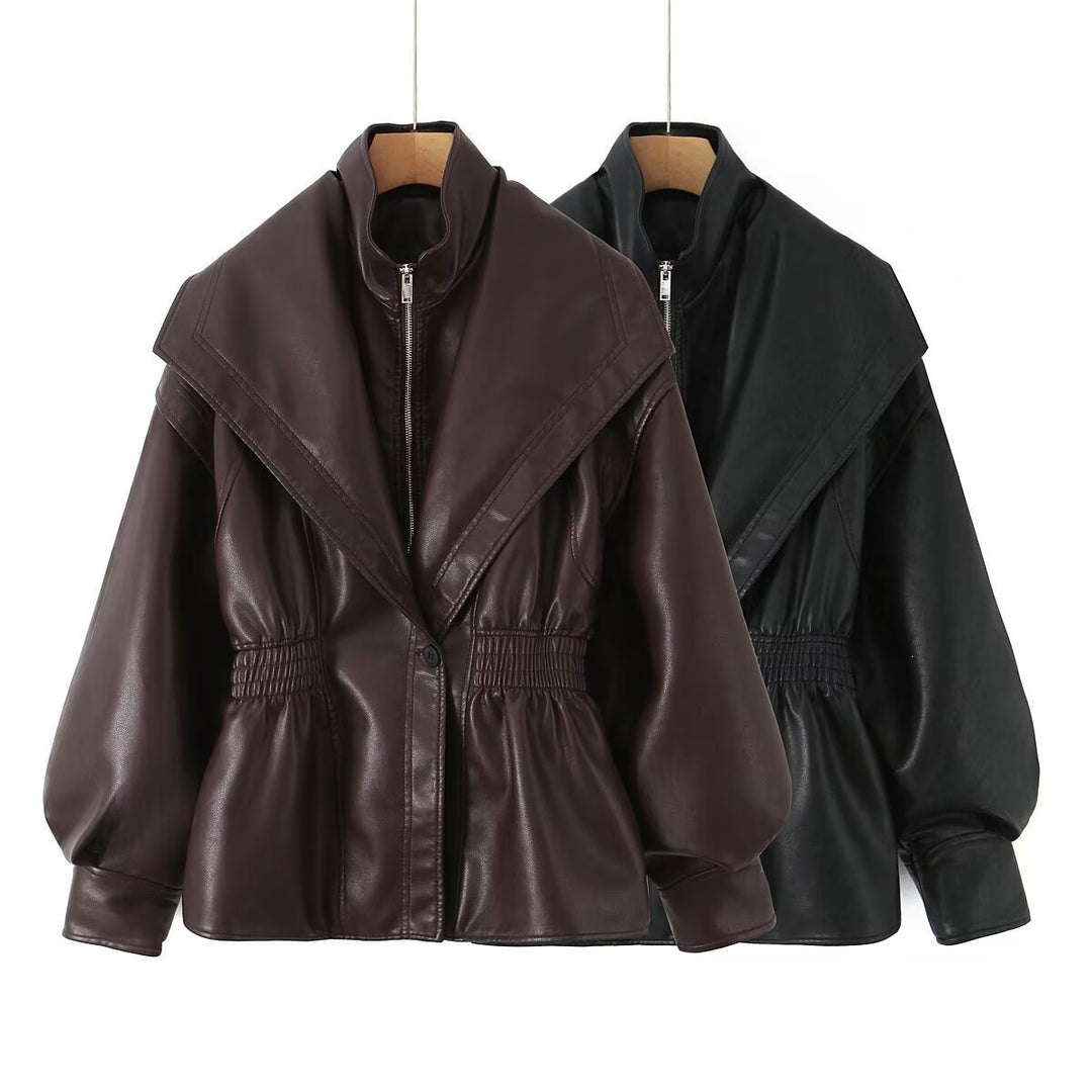Damen Kunstlederjacke mit weitem Schalkragen und gerafftem Taillenbund Echo Archiv