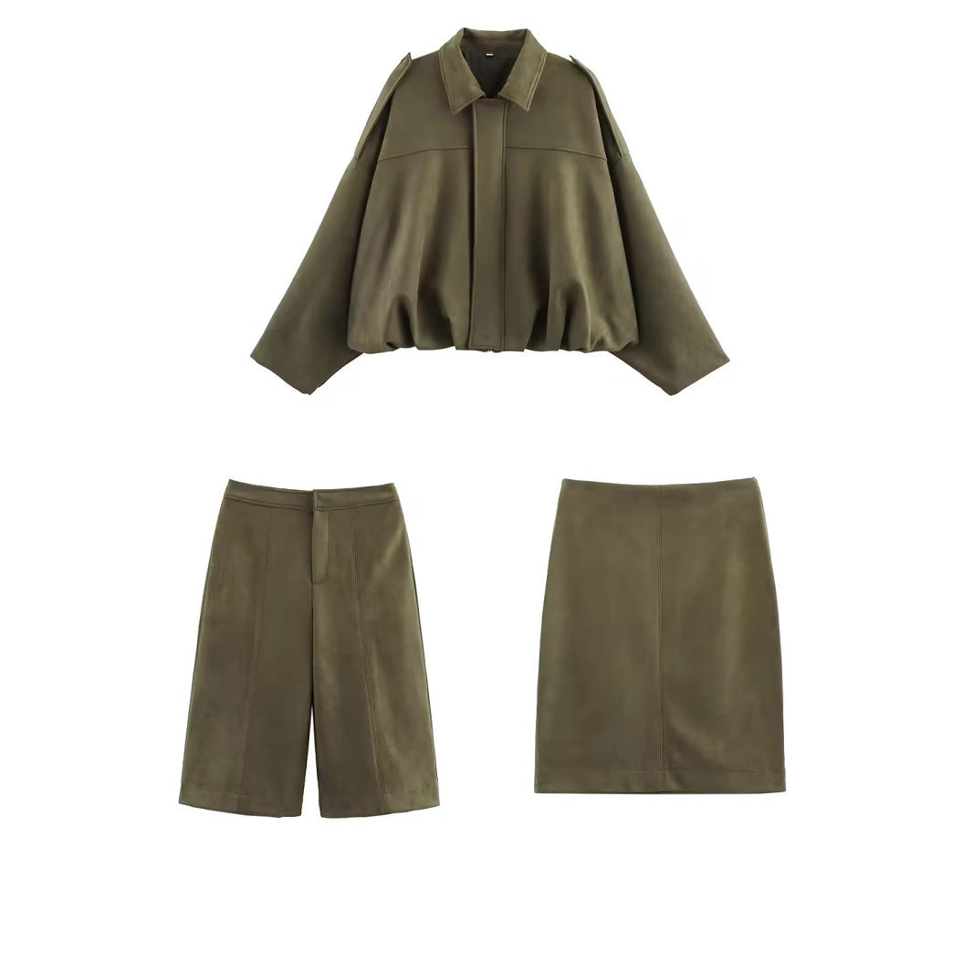 Damen Oversize-Suede-Blouson mit verkürztem Saum und Schulterklappen Echo Archiv