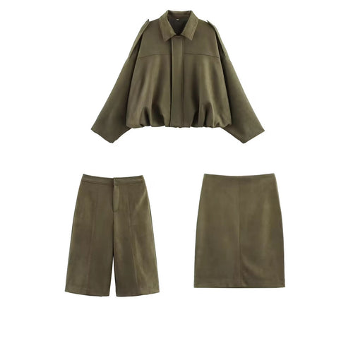 Damen Oversize-Suede-Blouson mit verkürztem Saum und Schulterklappen Echo Archiv