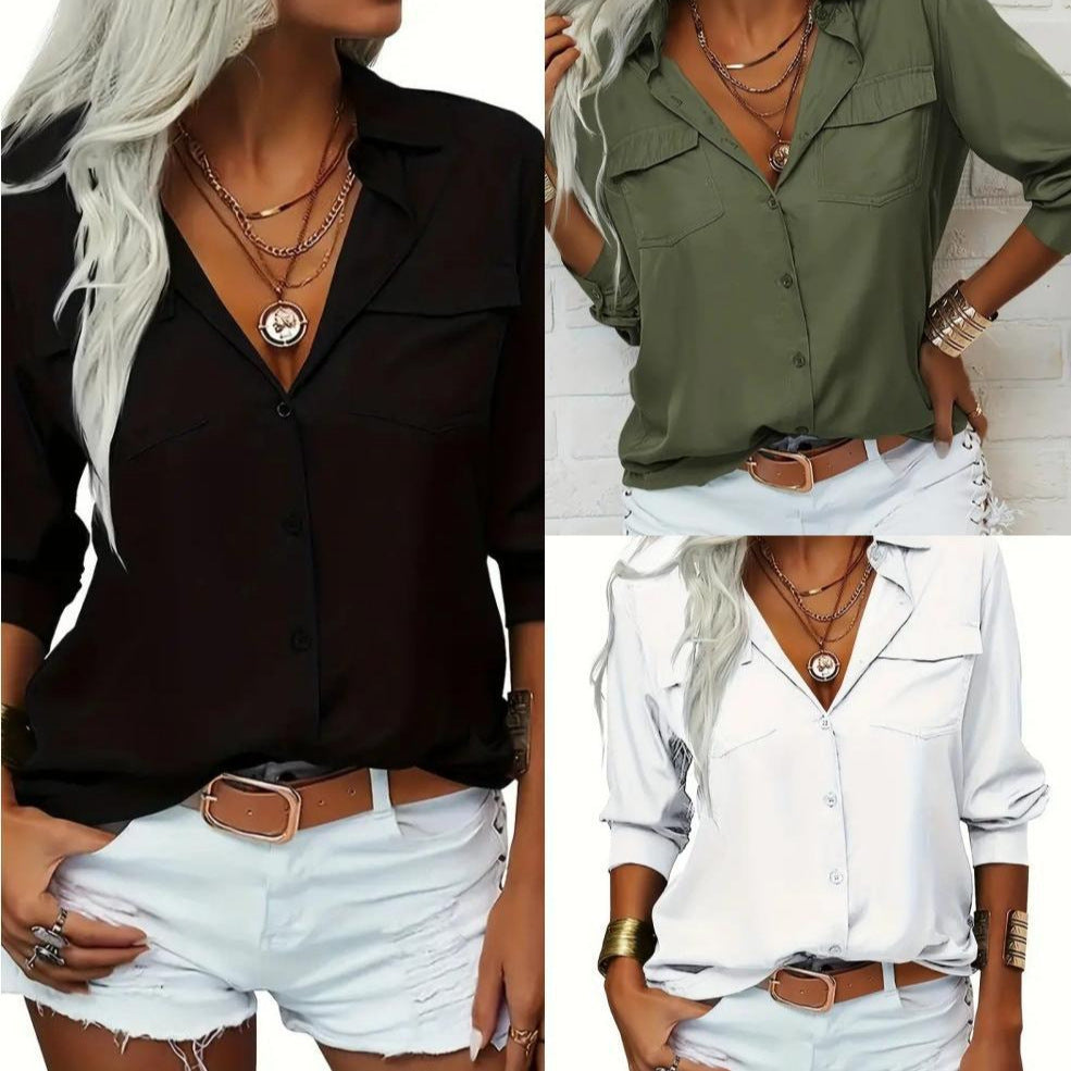 Damen nan leichte V-Ausschnitt Chiffonbluse mit Brusttaschen und geknöpftem Frontverschluss Echo Archiv