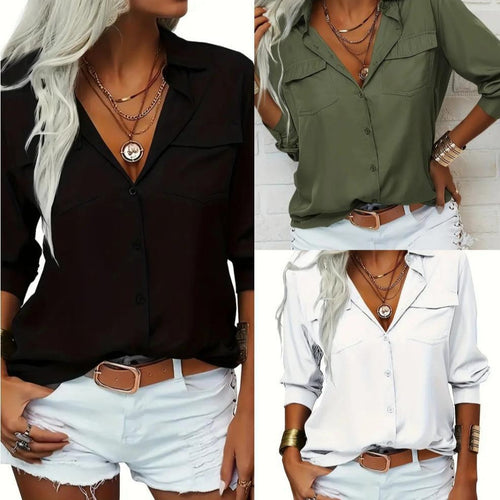 Damen nan leichte V-Ausschnitt Chiffonbluse mit Brusttaschen und geknöpftem Frontverschluss Echo Archiv