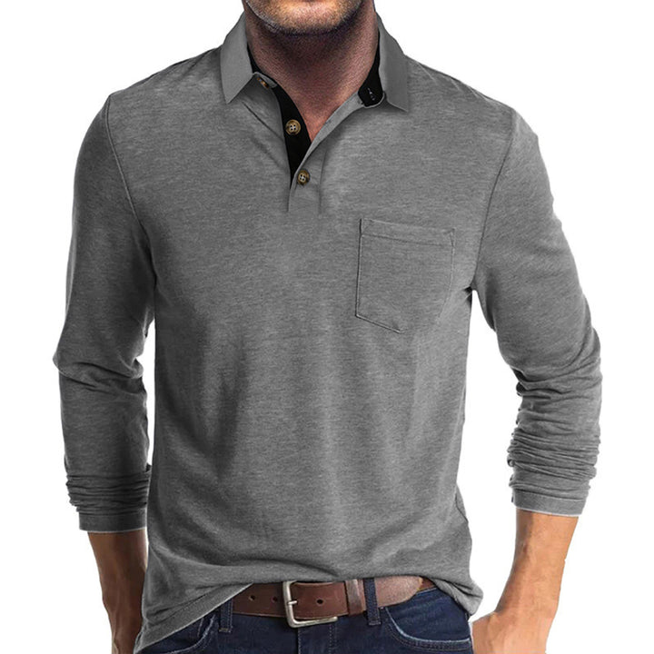 Herren langärmliges Polohemd mit Brusttasche, Kontrastknopfleiste und legerer Stretch-Passform – Cavello