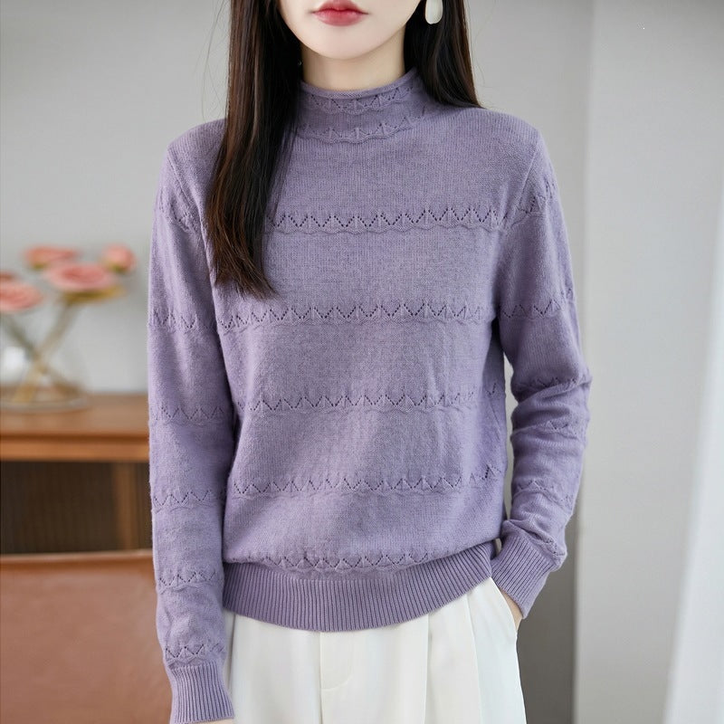 Damen Leichter Ajourstrick-Pullover mit kurzem Stehkragen und feinem Rippsaum Echoarchiv
