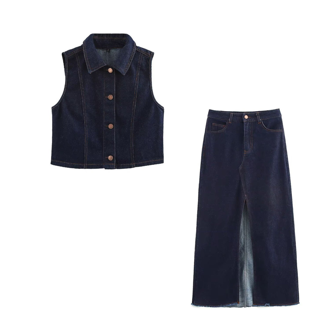 Damen Langer Jeans-Midirock mit hoher Taille, Frontschlitz und rohem Saum Echoarchiv