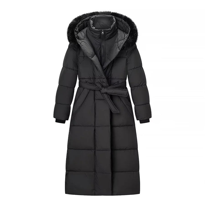 Damen nan lang geschnittener Thermosteppmantel mit separater Innenjacke, Kapuze und Bindegürtel Echo Archiv
