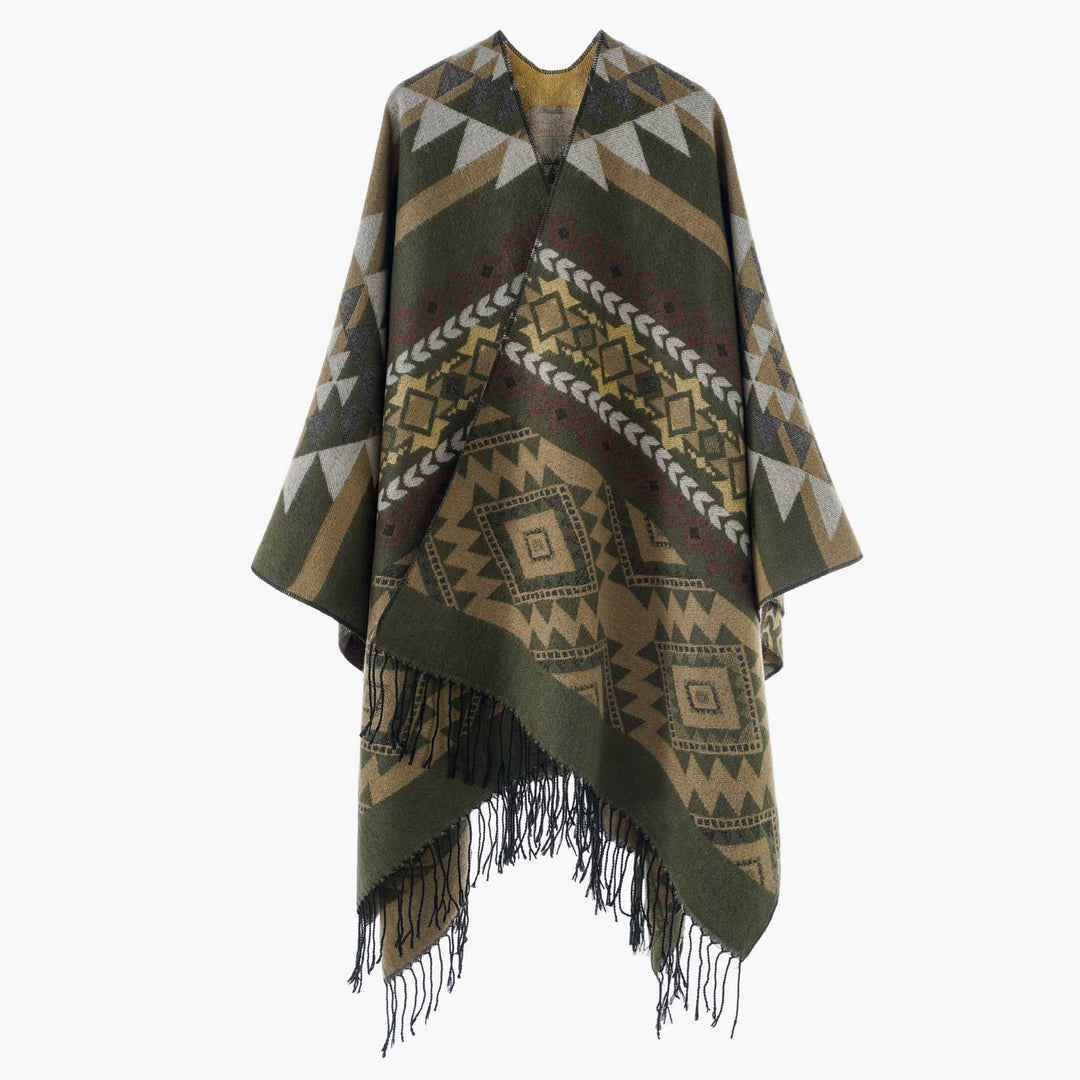 Damen Oversize Jacquard‑Cape im Ethno‑Jacquard mit Fransen – Avérine