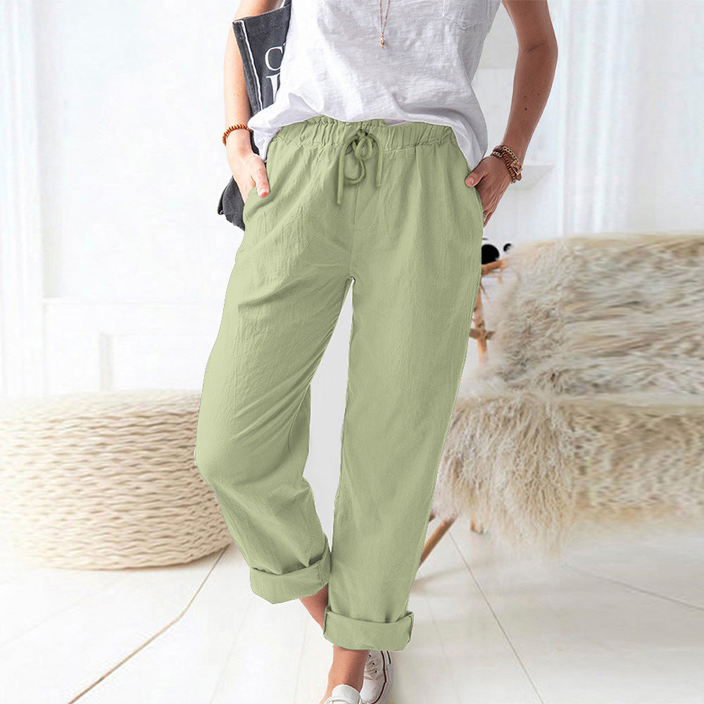 Damen Lockere Leinenoptik-Hose mit Elastischem Bund, Kordelzug und Aufgeschlagenem Saum – Avélisse